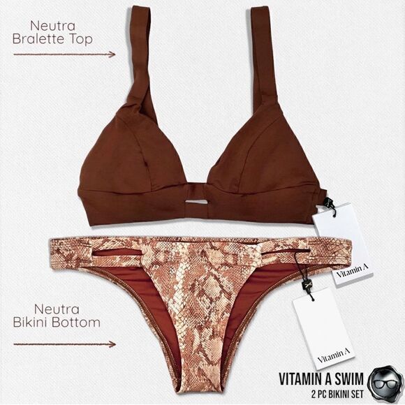 VITAMIN A SWIM NEUTRA 2 PIECE BIKINI SET BROWN BRALETTE TOP + SAND SNAKE BOTTOM - Picture 1 of 12